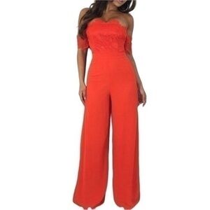 MISS AVENUE red chiffon & lace wide leg jumpsuit